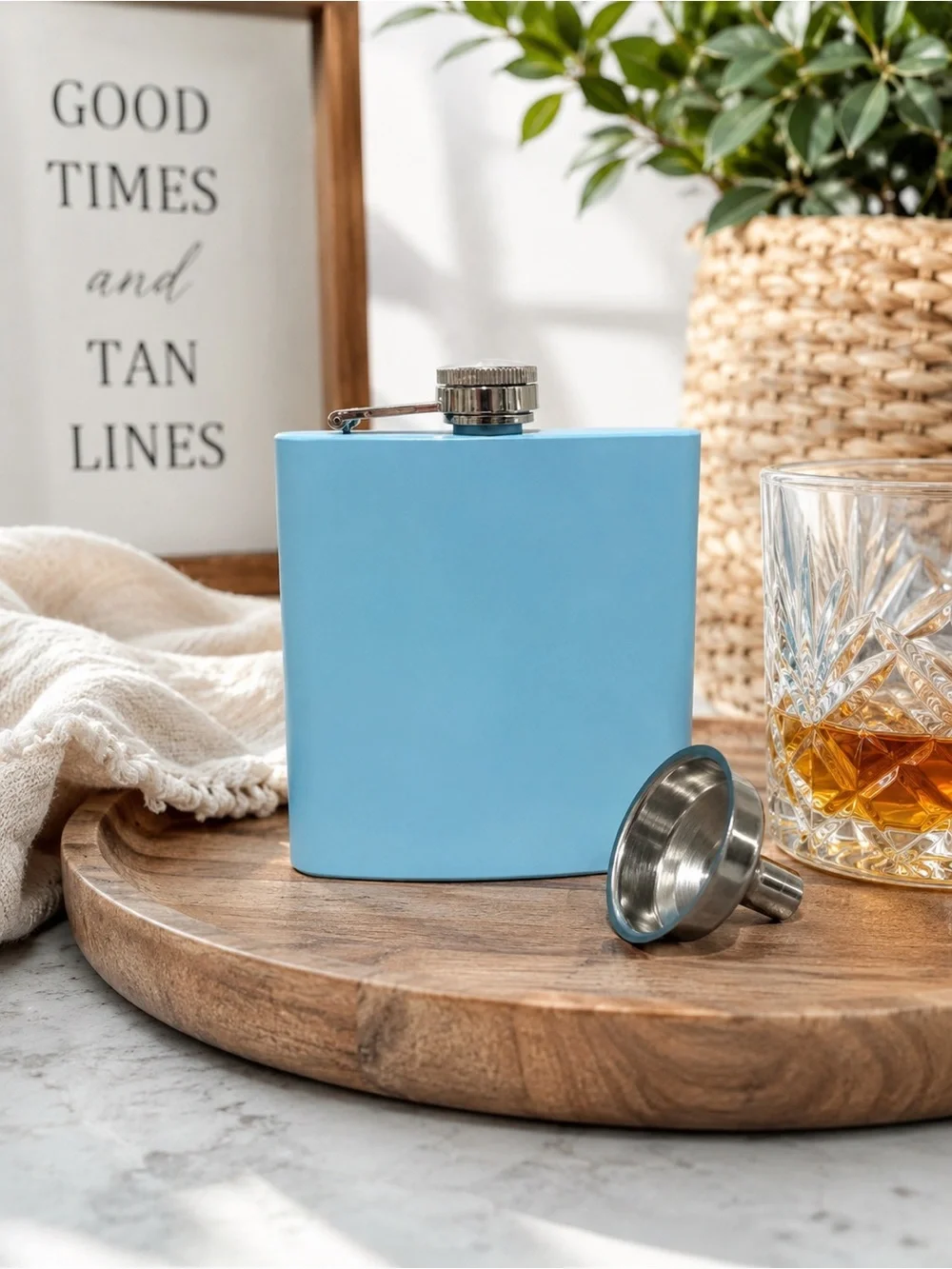 Powder Blue 6 oz Stainless Steel Flask Gift Set w/ Funnel & Boxed